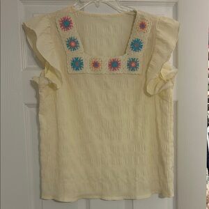 Embroidered Ruffle Sleeve Top - Cream